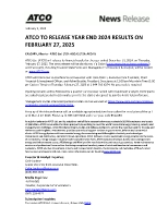 ATCO TO RELEASE YEAR END 2024 RESULTS ON FEBRUARY 27, 2025 (CNW Group/ATCO Ltd.)