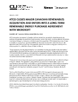 ATCO CLOSES MAJOR CANADIAN RENEWABLES ACQUISITION AND ENTERS INTO A LONG-TERM RENEWABLE ENERGY PURCHASE AGREEMENT WITH MICROSOFT (CNW Group/ATCO Ltd.)