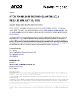 ATCO to release second quarter 2021 results on July 29, 2021 (CNW Group/ATCO Ltd.)