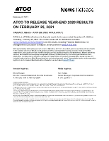 ATCO Ltd. Q4-2020 Pre-Earnings News Release (CNW Group/ATCO Ltd.)