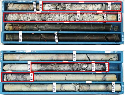 Fig.2: Photos of drill core, taken before cutting core in half for sampling. Mineralized intervals are highlighted with red outlines; top picture: drill hole SMR-057-22-MTS, mineralized interval from 153.20 to 154.75 m depth consists of a white-light grey quartz vein with silver sulpho-salts, galena, sphalerite, and pyrite, locally brecciated; assay results returned 812.7g/t Ag, 0.75% Pb, 2.17% Zn, 0.27% Cu, and 0.36 g/t Au; bottom picture: drill hole SMR-058-22-MTS, mineralized interval from 86.55&nbsp; to 87.40 m depth; hydrothermal breccia&nbsp; with sulphide patches and veinlets in gangue of quartz and clay minerals, strongly fractured, showing silver sulpho-salts, sphalerite, galena; intercept assayed 434.8 g/t Ag, 1.28% Pb, 2.10% Zn, 0.13% Cu, and 0.29 g/t Au. (CNW Group/Silver Mountain Resources Inc.)