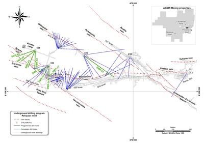 Figure1: Plan view of underground drilling program at the Reliquias silver mine, showing traces of drill holes completed to date (in blue). The nine holes reported in this release are labelled and highlighted in bold green lines. Additionally, underground workings, main mineralized veins, and drill platforms are displayed. Inset map shows Reliquias property block with locations of both silver mines and the processing plant. (CNW Group/Silver Mountain Resources Inc.)