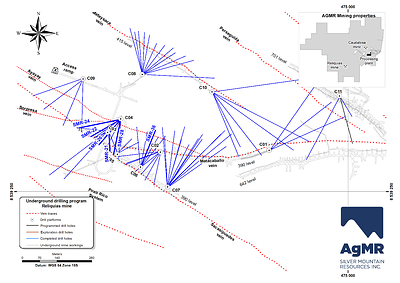 Figure1: Plan view of underground drilling program at the Reliquias silver mine, showing traces of drill holes completed to date (in blue) as well as the subsequently programmed bore holes. The six holes reported in this release are labelled and highlighted in bold blue lines. Additionally, underground workings, main mineralized veins, and drill platforms are displayed. Inset map shows Reliquias property block with locations of both silver mines and the processing plant. (CNW Group/Silver Mountain Resources Inc.)