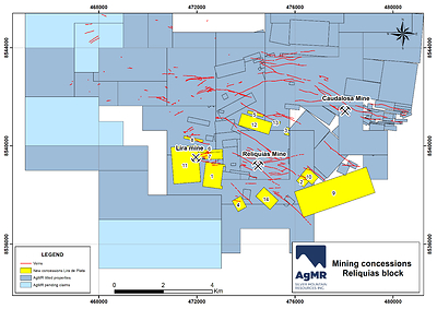 Figure1: Map of mining concessions, Reliquias property block. The newly acquired mining concessions of the Lira de Plata project are shown in yellow, whereas the Company’s current titled properties and pending claims are displayed in grey and light blue, respectively. Additionally, the traces of the main mineralized veins and the location of the La Lira, Reliquias, and Caudalosa mines are shown. (CNW Group/Silver Mountain Resources Inc.)