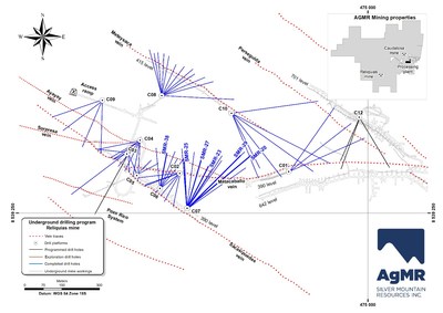 Figure 1: Plan view of underground drilling program at the Reliquias silver mine, showing traces of drill holes completed to date (in blue) as well as the subsequently programmed bore holes. The six holes reported in this release are labelled and highlighted in bold blue lines. Additionally, underground workings, main mineralized veins, and drill platforms are displayed. Inset map shows Reliquias property block with locations of both silver mines and the processing plant. (CNW Group/Silver Mountain Resources Inc.)