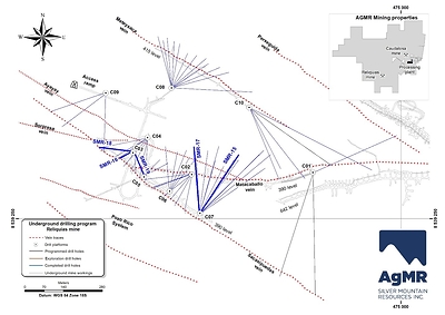 Figure 1: Plan view of underground drilling program at the Reliquias silver mine, showing traces of drill holes completed to date (in blue) as well as the subsequently programmed bore holes. The five holes reported in this release are labelled and highlighted in bold blue lines. Additionally, underground workings, main mineralized veins, and drill platforms are displayed. Inset map shows Reliquias property block with locations of both silver mines and the processing plant (CNW Group/Silver Mountain Resources Inc.)