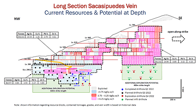 Fig.4: Longitudinal section of the Sacasipuedes vein, showing current resources and potential at depth (based on historical data). The completed and programmed drill holes are also displayed. (CNW Group/Silver Mountain Resources Inc.)