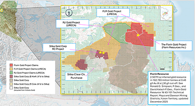 Figure 1. The Florin Gold Project, the FLR Gold Project and the RJ Gold Project, relative to Sitka Gold’s RC project. (CNW Group/Gold Strike Resources Corp.)