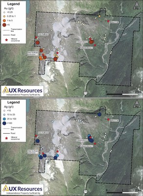Figure 2. Independence – gold and silver values from all samples collected in 2019 and 2020. (CNW Group/AUX Resources Corporation)
