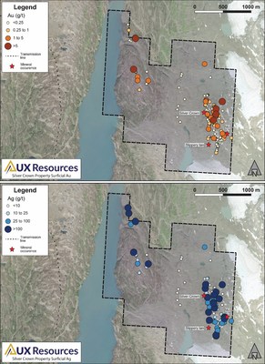 Figure 3. Silver Crown – gold and silver values from all samples collected in 2019 and 2020. (CNW Group/AUX Resources Corporation)