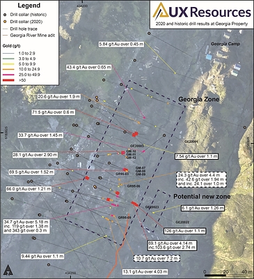 Figure 1. Plan view of the Georgia Zone showing 2020 and historic drill results. Historic results are shown with a thin black border, 2020 results are shown with a thick black border, and combined historic and re-log results are shown with a thick dashed black border. (CNW Group/AUX Resources Corporation)
