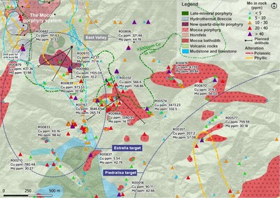 Figure 2. Plan view of the La Estrella and Piedralisa targets showing selected rocks samples, Cu-Mo anomaly in soil and planned holes. (CNW Group/COPPER GIANT RESOURCES CORP.)