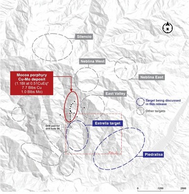 Figure 1. Plan view of the exploration targets and the Mocoa porphyry Cu-Mo deposit. * Black dots denote drill pads. (CNW Group/COPPER GIANT RESOURCES CORP.)