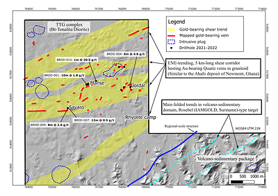 Figure 2: Key drill holes and identified gold mineralized shear zones at the Brothers Project. (CNW Group/Rhyolite Resources Ltd.)