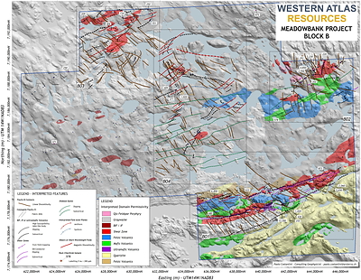 Figure 1: Block B - Interpretation Map over the Domain Permissivity Map; the sub-blocks are identified by dashed polygons (CNW Group/Western Atlas Resources)