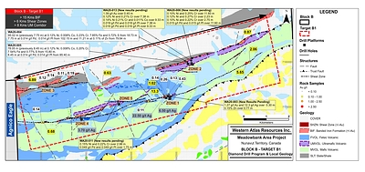 Figure 1 – Block B, Target B1, Drill Holes and underlaying Geology (CNW Group/Western Atlas Resources)