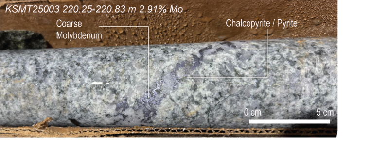 Figure 2: KSMT25003 Drill Core: high
grade coarse molybdenum with disseminated chalcopyrite/pyrite at depth
of 220.75 meters