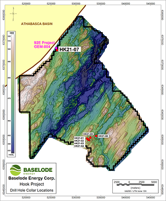 FIGURE 1: Hook project overview; Ackio (HK21-07) and Beckett (HK21-01 to HK21-06) target areas, including 92 Energy’s Gemini (GEM-004) discovery drill hole (pink circle) (CNW Group/Baselode Energy Corp.)