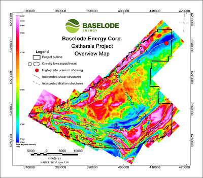 Figure 1: Structural geology interpretation with gravity low targets over magnetics background (CNW Group/Baselode Energy Corp.)