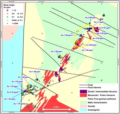 Map 1 – Anagulu Gold/Copper Prospect Results of Rock Chip Sampling – Gold Values (CNW Group/Baltic I Acquisition Corp.)