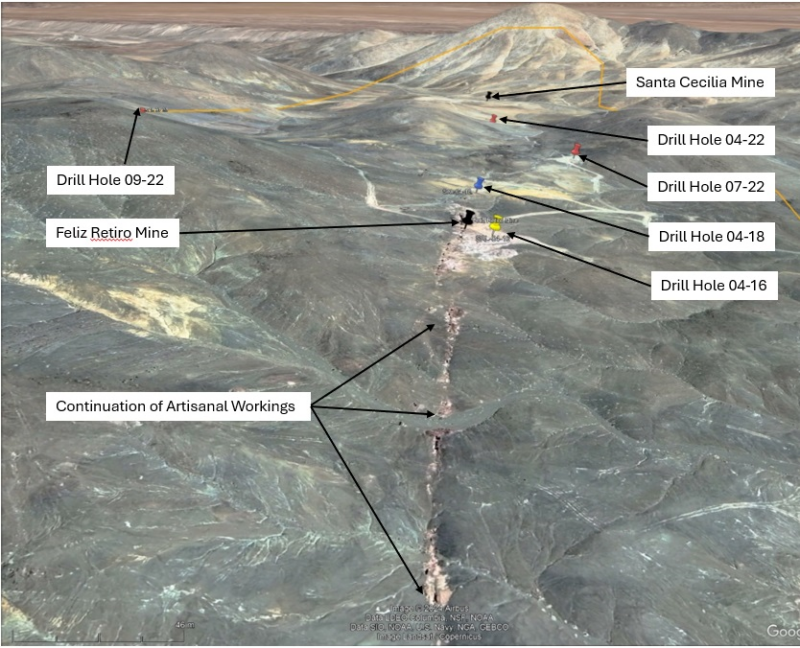 Figure 5: Historical artisanal surface workings adjacent to and
immediately south of the Feliz Retiro mine site on Arco de Oro. Also
evident is the collar location of hole SAL 04-16