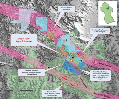 Figure 1:   Showing location of the Kaburi (dark blue) and Epeius Gold Projects (light blue), location of main deposits within the district, major gold mineralised corridors, Troy’s tenements (green) the area of Tajiri’s trenching together with the Goldstar Prospect where Troy Resources has currently begun trial mining (yellow ellipses).   Black Stars are significant artisanal bedrock pits.  Troy’s drillhole GRRC083 which intersected 11m @ 1.9g/t and 6m @ 7.3g/t Au on the sediment-volcanic contact which controls the Magic Crack Zone is shown as the red star. (CNW Group/Tajiri Resources Corp.)