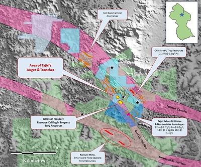 Figure 1:   Showing location of the Kaburi (dark blue) and Epeius Gold Projects (light blue), location of main deposits within the district, major gold mineralised corridors, Troy’s tenements (green) the area of Tajiri’s auger results and trenching together with the Goldstar Prospect where Troy Resources is currently undertaking resource drilling (yellow ellipses).   Black Stars are significant artisanal bedrock pits. (CNW Group/Tajiri Resources Corp.)