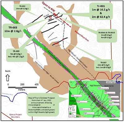 Figure 2:   Results and Geology of current trenching program at Epeius.  Showing location of High grade Intersections of 2m @ 62.4g/t and 1m @ 16.2g/t at the north eastern corner of the presently trenched area. Note mapped mafic volcanic -sediment contact and significant change in strike from N-S to NW and co-incidence of the contact with the mapped NW striking shear zone.  Trenches for which result have been received – black, trenches for which results are awaited – grey. (CNW Group/Tajiri Resources Corp.)