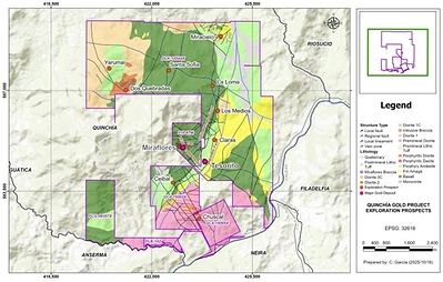 Figure 3: Quinchía Gold Project Deposits and Prospects (CNW Group/Tiger Gold Corp.)