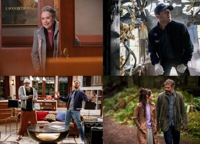 (Clockwise from L to R – Kathy Bates in Matlock; Austin Stowell in NCIS: Origins; Damon Wayans and Damon Wayans Jr. in Poppa’s House; Kristin Kreuk and Rossif Sutherland in Murder in a Small Town) (CNW Group/Global Television)