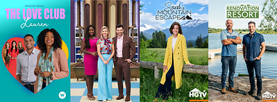 Clockwise: The Love Club, Great Chocolate Showdown, Sarah’s Mountain Escape, and Renovation Resort. Photo credit: Corus Studios (CNW Group/Corus Entertainment Inc.)