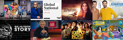 L to R: Global’s Entertainment Tonight Canada, Global National, and Departure, HGTV Canada’s Property Brothers; The HISTORY Channel’s BLK: An Origin Story, W Network’s Sex with Sue; Nelvana’s The Hardy Boys, and Agent Binky. Image courtesy of Corus Entertainment. (CNW Group/Corus Entertainment Inc.)