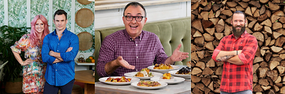 L to R: Project Bakeover hosts Tiffany Pratt and Steve Hodge, Big Food Bucket List host John Catucci and Fire Masters host Dylan Benoit. Images courtesy of Food Network Canada. (CNW Group/Corus Entertainment Inc.)