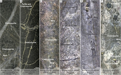 Figure 4. Representative core photographs from MD-058, MD-059 and MD-060 illustrating porphyry-style mineralization and associated hydrothermal alteration. Images highlight the presence of well-developed sulfide mineralization and vein-hosted copper and molybdenum, including higher-grade core zones intersected in directional daughter holes. Note: A-B for MD-058, C-D for MD-059 (C and D) and E-F for MD-060. (CNW Group/COPPER GIANT RESOURCES CORP.)