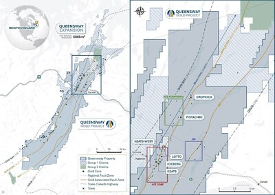 Figure 1: Location of Queensway, Group 1 and Group 2 mineral claims. (CNW Group/New Found Gold Corp.)