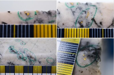 Figure 1: Photos of mineralization at Dropkick and Dropkick east. Top Left: Dropkick ~197.50 m in NFGC-24-2225, Top Right: Dropkick ~198 m in NFGC-24-2225. Bottom Left: Dropkick at ~386.50 m in NFGC-24-2214 and Bottom Right: Dropkick ~164 m in NFGC-24-2233. ^Note that these photos are not intended to be representative of gold mineralization in NFGC-24-2225, NFGC-24-2214, and NFGC-24-2233. (CNW Group/New Found Gold Corp.)