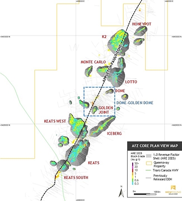 Figure 1. AFZ Core map showing the location of Dome and Golden Dome. (CNW Group/New Found Gold Corp.)