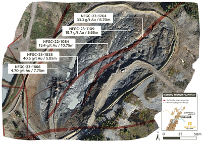 Figure 4. Aerial image of Iceberg Trench showing the modelled zone and near surface drill intercepts. (CNW Group/New Found Gold Corp.)