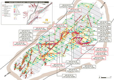 Figure 2. Keats Trench plan map with the simplified geology, Phase II and Phase I channel sample assay results and gold grade contours. (CNW Group/New Found Gold Corp.)