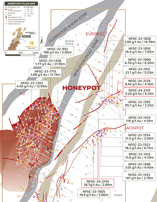 Figure 5: Honeypot and Jackpot plan view map (CNW Group/New Found Gold Corp.)
