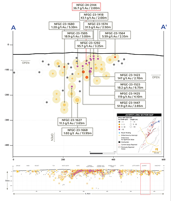 Figure 7: Jackpot longitudinal section (looking north) (CNW Group/New Found Gold Corp.)