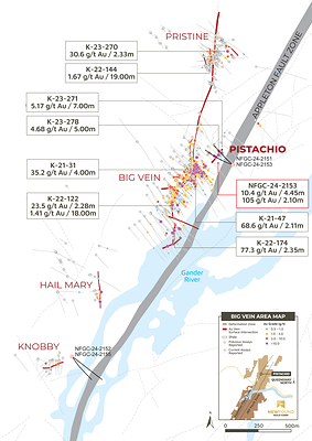 Figure 2: Knobby to Pristine plan map with the location of Big Vein and Pistachio zones (CNW Group/New Found Gold Corp.)