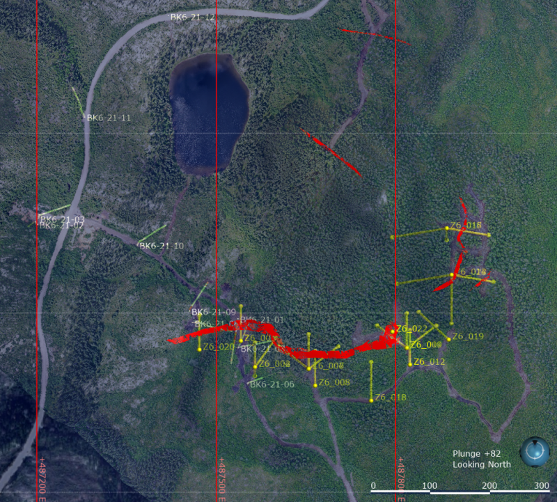 Figure 1: Oblique aerial view - looking east, of the Lac Gueret - Zone
6 drill access tracks and notable graphite outcrop areas.