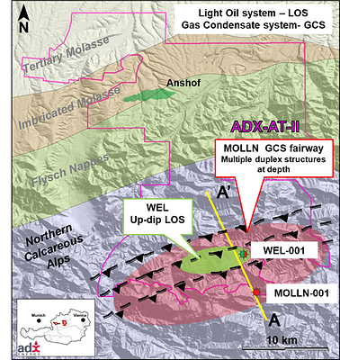 Figure 1: Regional map showing Molln Gas Fairway and Welchau Updip Light Oil Potential (CNW Group/MCF Energy Ltd.)