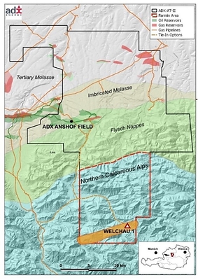 Figure 1: Map showing ADX-AT-II licence area and the Welchau-1 drilling location in the Northern Calcareous Alps (CNW Group/MCF Energy Ltd.)