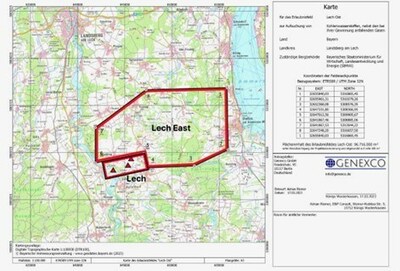 Figure 1: Lech and Lech East concession areas. Red triangles represent historical wells drilled at Lech. (CNW Group/MCF Energy Ltd.)