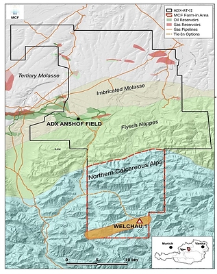 Figure 1: Map showing the Welchau Farm-in Area (Red Dashed Border), the Welchau-1 drilling location in the Northern Calcareous Alps as well as the producing Anshof oil field to the north. (CNW Group/Pinedale Energy Limited Profile)