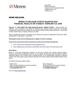 MEREN TO RELEASE FOURTH QUARTER 2025 FINANCIAL RESULTS ON TUESDAY, FEBRUARY 24, 2026 (CNW Group/Meren Energy Inc.)