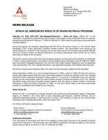 AFRICA OIL ANNOUNCES RESULTS OF SHARE BUYBACK PROGRAM (CNW Group/Africa Oil Corp.)