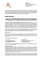 AFRICA OIL PUBLISHES SWEDISH PROSPECTUS FOR ADMISSION TO TRADING OF NEW COMMON SHARES ON NASDAQ STOCKHOLM (CNW Group/Africa Oil Corp.)